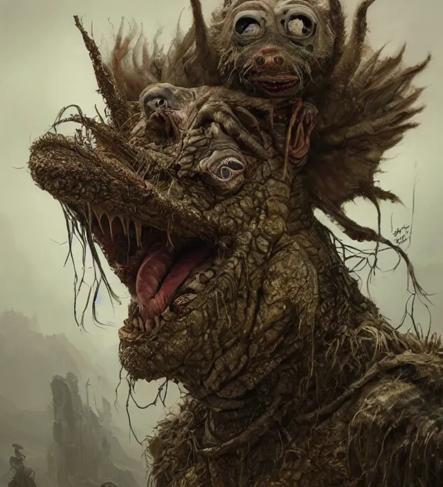 Prompt: hyper realistic portrait of postapocalyptic muppet show monster goblin, cinematic, symmetric, dark crystal, artstation, cgsociety, alan lee, jean baptiste monge, scott radke