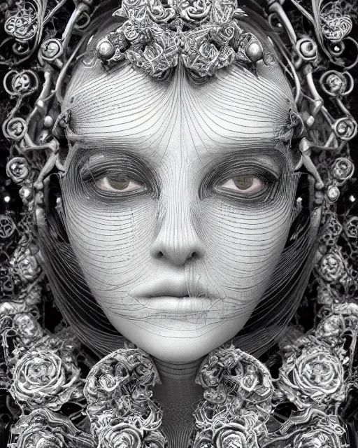 Image similar to mythical dreamy black and white organic bio-mechanical spinal ribbed profile face portrait detail of translucent steampunk beautiful siamese females angelic-human-queen-vegetal-cyborg, highly detailed, intricate trnaslucent ivy jelly ornate, poetic, translucent roses ornate, 3D render, digital art, octane render, 8K artistic photography, photo-realistic, by Dora Maar