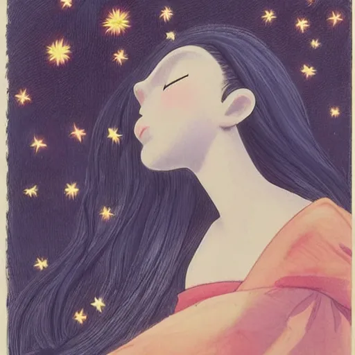 Image similar to A beautiful illustration of a young girl with long flowing hair, looking up at the stars. She appears to be dreaming or lost in thought. Sonic the Hedgehog by Dora Maar ✨