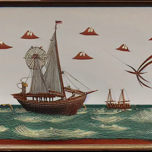 Prompt: a wooden sailing ship being attacked by flying saucers in the arctic, intricate, detailed