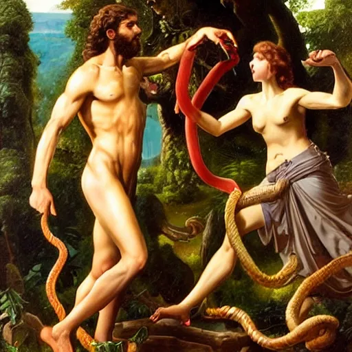 Prompt: Close-up of God being angry in the Garden of Eden. Adam and Eve look very guilty and the snake is leaving the scene quietly - elegant, highly detailed, centered, Joseph Christian Leyendecker, Boris Vallejo, Artgerm