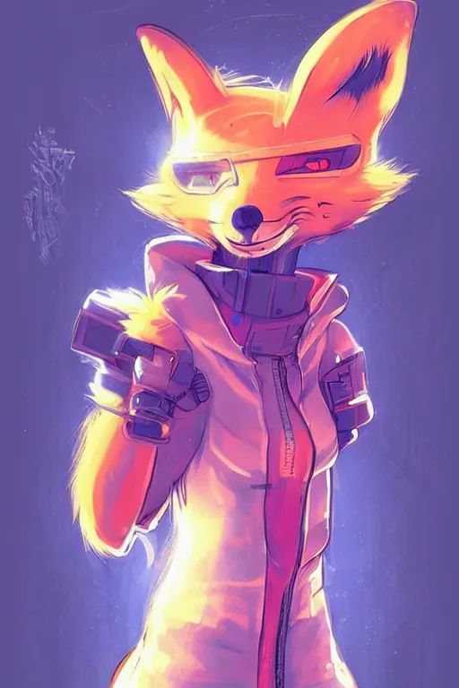 Image similar to a cute cyberpunk anthropomorphic fox with a fluffy tail, comic art, trending on furaffinity, cartoon, kawaii, backlighting, furry art!!!, neon, concept art, glitch art