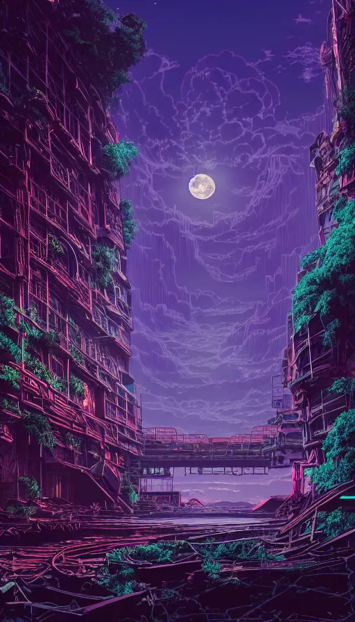 Image similar to reclaimed by nature by moon hoon, darkacademia atlantis cosmic san andreas at dawn neon signs tokyo synthwave universe, archdaily, wallpaper, highly detailed, trending on artstation.