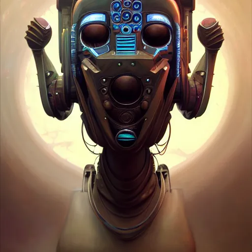 Image similar to front shot of a cyberpunk gazmask robot character, intricate, elegant, highly detailed, centered, digital painting, artstation, concept art, smooth, sharp focus, illustration, artgerm, Tomasz Alen Kopera, Peter Mohrbacher, donato giancola, Joseph Christian Leyendecker, WLOP, Boris Vallejo