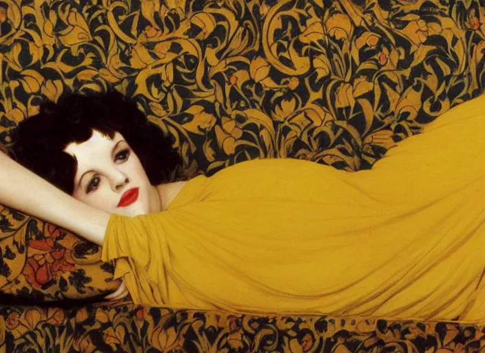 Image similar to portrait of liza minelli hybrid judy garland reclining on bed, wearing yellow ochre ornate medieval dress, preraphaelite colour photography by frederic leighton, william morris, 8 k