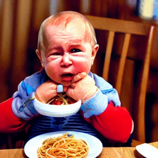 Prompt: Photo of Putin as a fussy crying baby in a high chair tangled up in spaghettis and red sauce