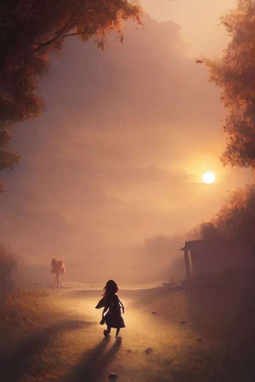 Image similar to a young girl walking to school with her pet fox, matte painting in the style of Greg Rutkowski, early morning light, sunrise, golden hour, trending on artstation