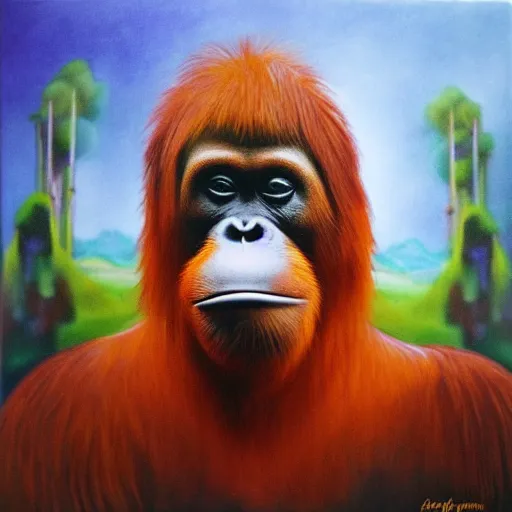 Image similar to orangutan 7 0 s progressive rock album cover, oil painting
