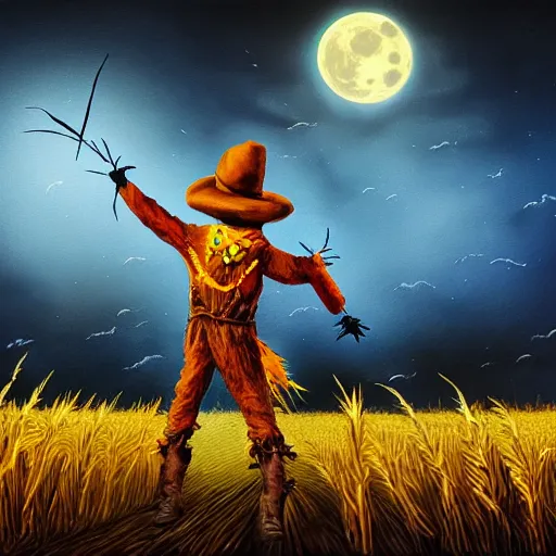 Image similar to a scarecrow dances in a cornfield on a full moon, dark atmosphere, vivid color, highly crazy detailed, digital painting, artstation, concept art, matte, sharp focus
