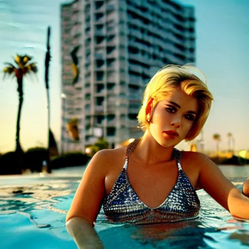 Prompt: a realistic portrait of a beautiful woman with short messy blond hair, look like model, wearing diamond earrings and necklace and rings, swimming in the pool, skinny, sunset, los angeles landscape on background, 1 9 7 0 film photography, john martin style