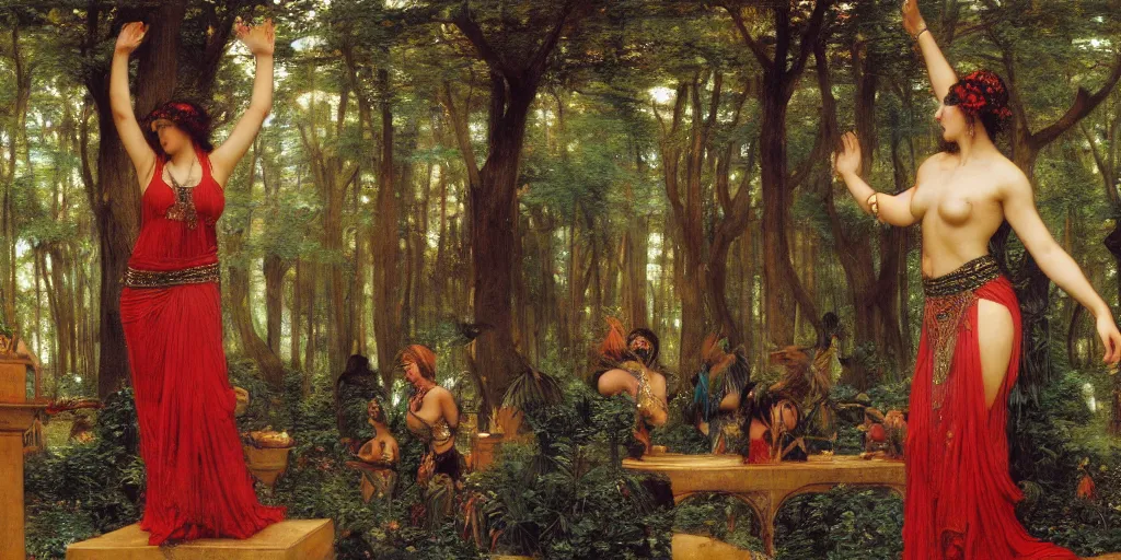 Prompt: a bellydancer dances on an altar in the middle of the forest, a multitude of birds gathers around her in praise, a painting by john william waterhouse, by John William Godward, by austin osman spare, symbolist painting, mist, volumetric render, digital painting, detailed painting, occult, sharp focus, intrincate details, all inside frame