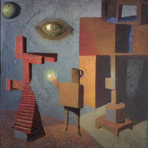 Image similar to a detailed, impasto painting by shaun tan and louise bourgeois of an abstract forgotten sculpture by ivan seal and the caretaker, folk