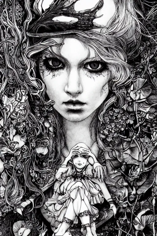 Prompt: Emo Alice in wonderland tarot card , pen and ink, intricate line drawings, by Yoshitaka Amano, Ruan Jia, Kentaro Miura, Artgerm, watercolor