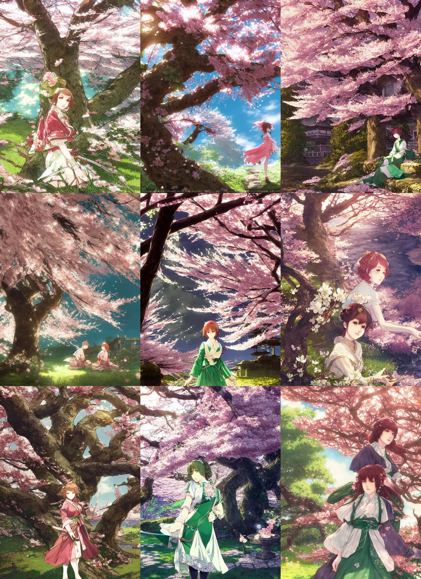 Image similar to the emerald herald under a cherry blossom tree, hidari, color page, tankoban, 4K, tone mapping, Akihiko Yoshida