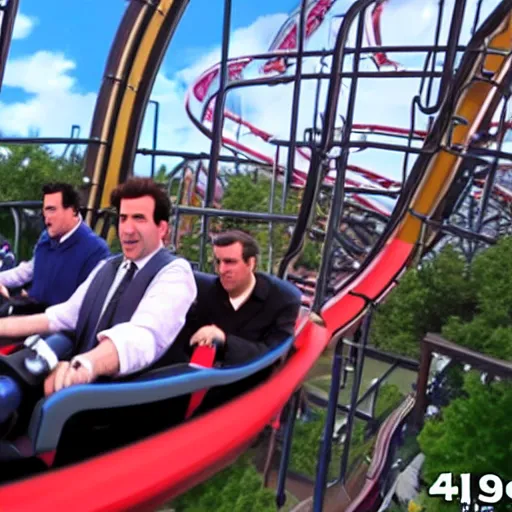 Image similar to ultra realistic detailed 4 k photo of michael scott, jerry seinfeld, ted mosby, phil dunphy, chandler bing, from a roller coaster action camera at an amusement park