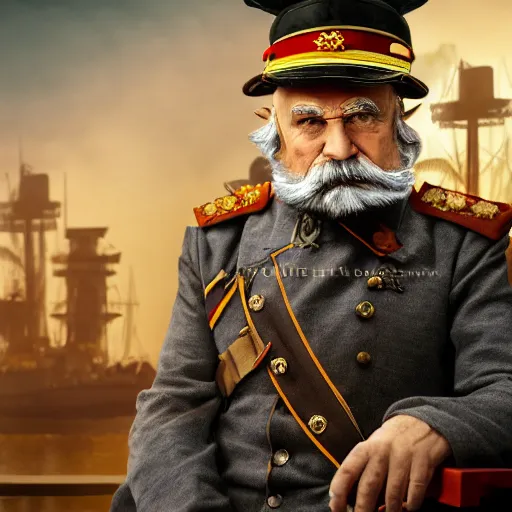 Image similar to a old man in officer suit of russian empire, gray hair and beard, giant yellow dieselpunk ship on background, colored, photorealistic, high detailed, smooth, sharp focus, real life photo, face details, highfleet, 4 k