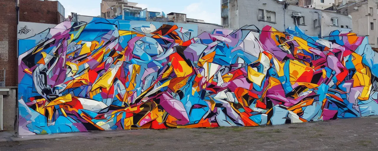 Prompt: a mural by loomit in street art style, graffiti painting, 3 d, perspective, dynamic, plastic!!, detailed, complex, intricate