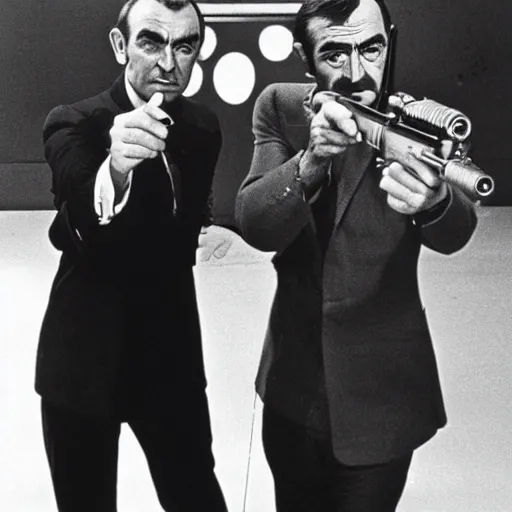 Image similar to john lennon pointing a gun at sean connery, james bond, 1960s film poster