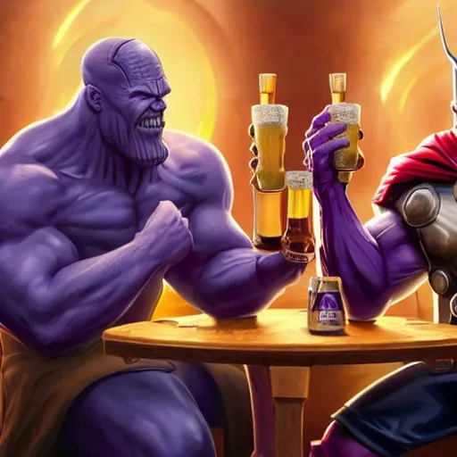 Image similar to Thanos and Thor having beers in a tabern, elegant, highly detailed, artstation, concept art, smooth, sharp focus, 4k