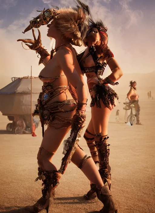 Prompt: hyper realistic photography of burningman festival warrior curvy partygirl cinematic, vallejo, julie bell, craig mullins greg rutkowski,