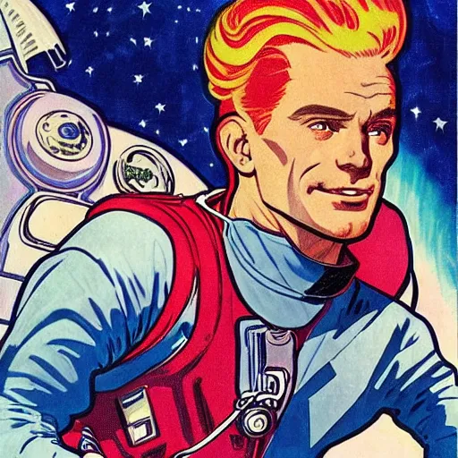 Image similar to a handsome man with red hair, floating in space. he is an astronaut, wearing a space suit. well composed, clean elegant painting, beautiful detailed face. comic book art by steve ditko and jack kirby and ( alphonse mucha )