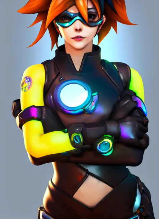 Image similar to overwatch style oil painting portrait of tracer overwatch, confident pose, wearing black iridescent rainbow latex, rainbow, neon, 4 k, expressive surprised expression, makeup, wearing black choker, wearing sleek armor, studio lighting, black leather harness, expressive detailed face and eyes,