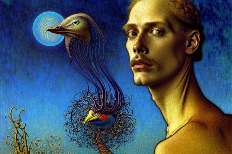 Prompt: realistic detailed portrait painting of a man with head of a bird, nightly graveyard landscape background by Jean Delville, Amano, Yves Tanguy, Max Ernst, Alphonse Mucha, Ernst Haeckel, Edward Robert Hughes, Roger Dean, masterpiece, cinematic composition, dramatic pose, 4k details, rich moody colours, blue eyes