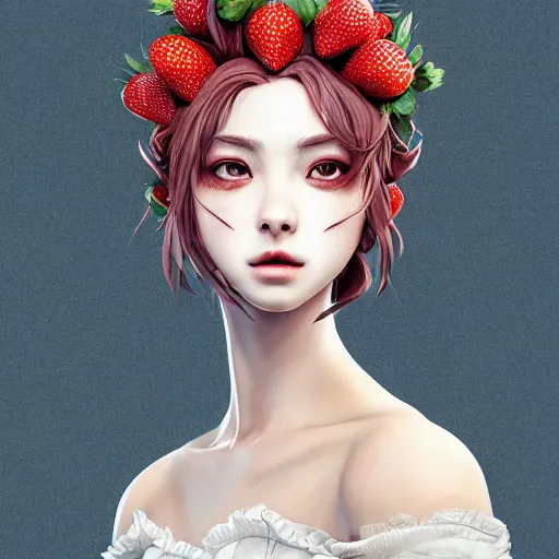 Image similar to the portrait of an absurdly beautiful, graceful, elegant, sophisticated young gravure idol made of strawberries and white petals wearing a dress, an ultrafine hyperdetailed illustration by kim jung gi, irakli nadar, intricate linework, bright colors, octopath traveler, final fantasy, unreal engine 5 highly rendered, global illumination, radiant light, detailed and intricate environment