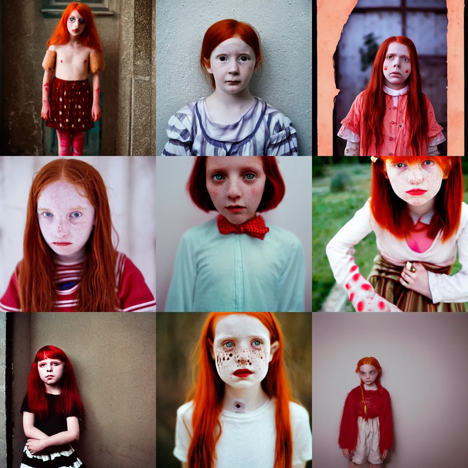 Prompt: photograph of a ten year old ghost girl by wes anderson, red hair freckles
