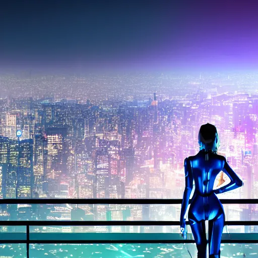 Prompt: in the style of vicent di fate, a young beautiful attractive girl in in a blue cyber suit is looking out of a window at a vast futuristic neon city at night, the city fills the background, it is raining ,very highly detailed, 8k wallpaper