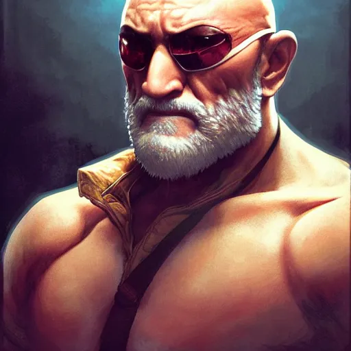 Image similar to mike ehrmantraut as sagat street fighter, wearing eye patch, 4 k, ultra realistic, detailed focused art by artgerm and greg rutkowski and alphonse mucha