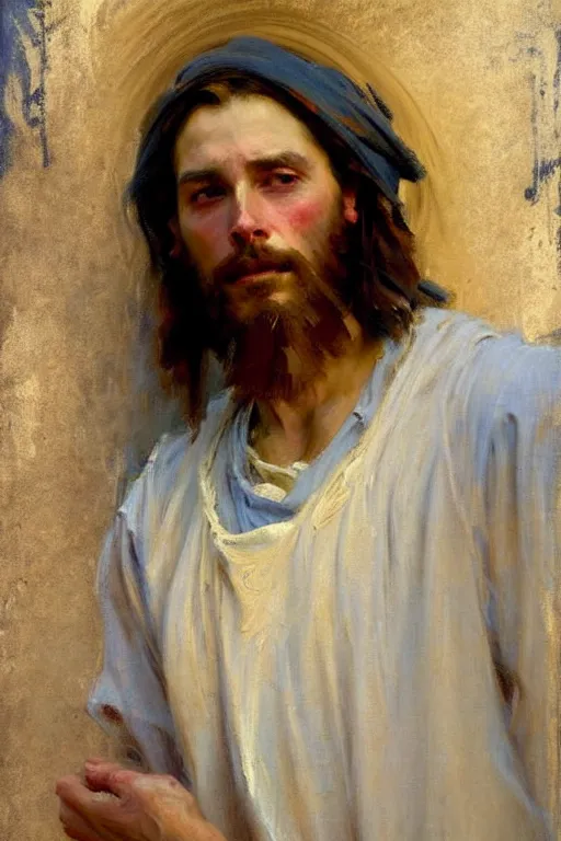 Image similar to impressionist brushstrokes!!!!!!!!! solomon joseph solomon and richard schmid and jeremy lipking victorian loose genre loose painting full length portrait painting of jesus with a slight smile happy inviting