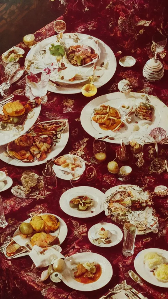 Image similar to 7 0 s food photography of an opulent meal on a crushed velvet tablecloth