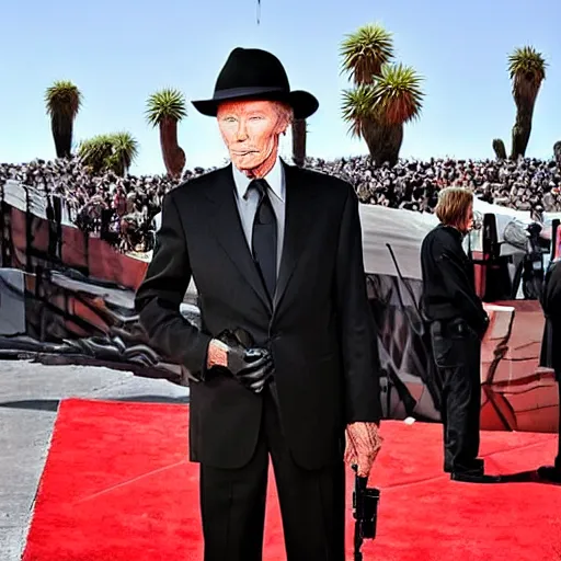 Image similar to clint eastwood in a black suit and black fedora hat. he has a desert eagle gun.