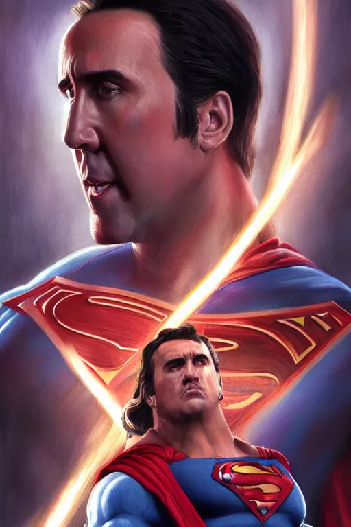 Image similar to Portrait of Nicolas Cage as superman cinematic lighting, intricate, elegant, highly detailed, digital painting, artstation, painted by Artgerm and Mark Waid and Greg Rutkowski and Mandy Jurgens