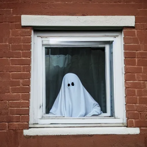 Prompt: Photo of a scary ghost starring through bedroom window