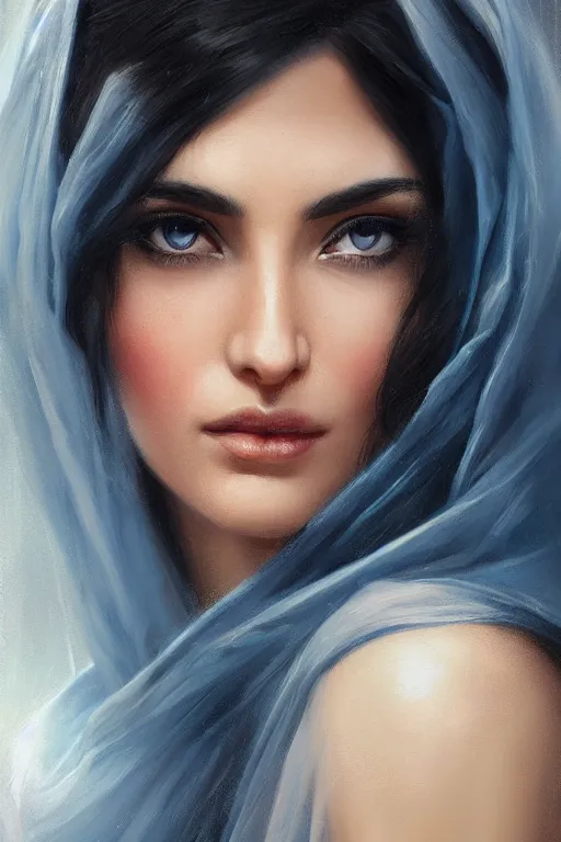 Image similar to modern tanned Ameera al-Taweel, bright blue eyes, wavy black hair, white veil, closeup, focus face, elegant, highly detailed, centered, oil painting, artstation, concept art by tom bagshaw