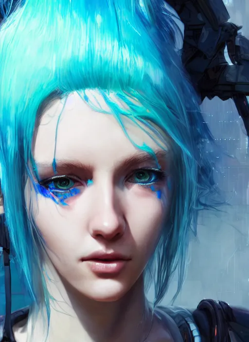 Image similar to beautiful young cyberpunk girl with blue hair, blue eyes, au naturel, hyper detailed, digital art, trending in artstation, cinematic lighting, studio quality, smooth render, fluorescent skin, unreal engine 5 rendered, octane rendered, art style by klimt and nixeu and ian sprigger and wlop and krenz cushart