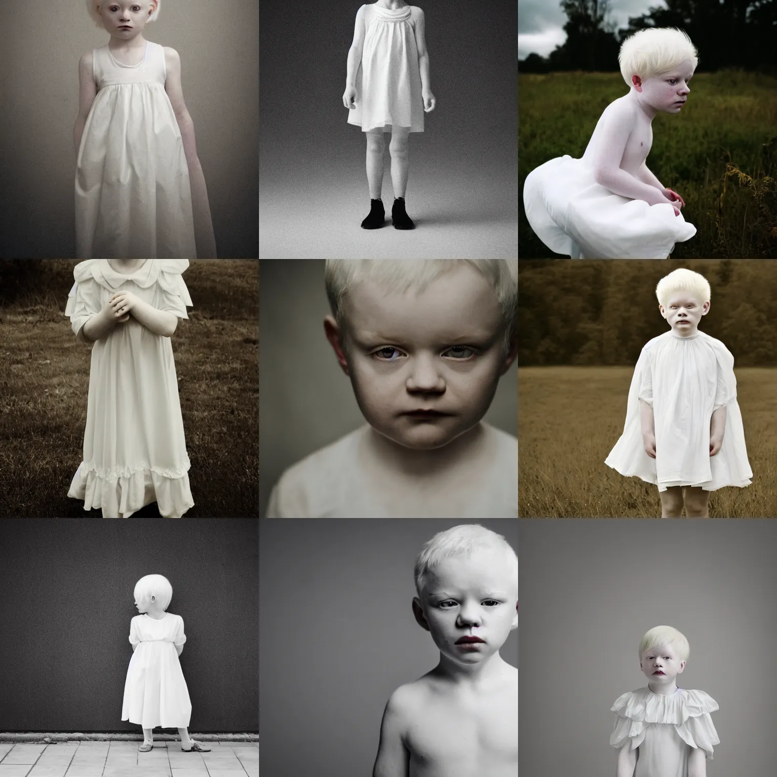 Prompt: an albino child wearing a white dress, mysterious, portrait, digital photograph, ominous, foreboding, magical