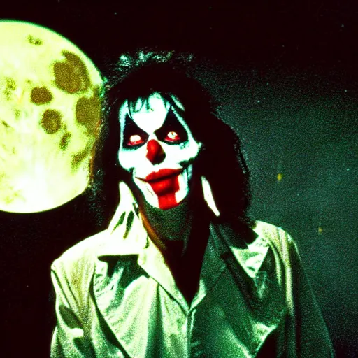 Image similar to a cinematic film still from a 1980s horror film about a Alice cooper clown, vintage, color film still, moon lighting