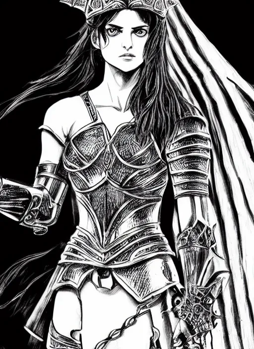 Prompt: Alexandra Daddario as a knight, highly detailed, black and white, manga, art by Kentaro Miura