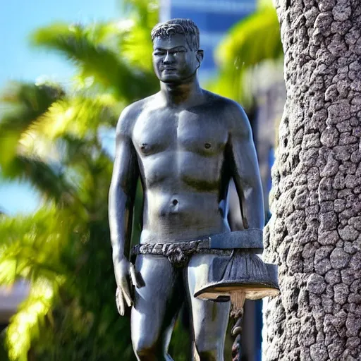 Prompt: Matt Damon as Duke Kahanamuku statue in Waikiki, cinematic, lush, Kalakaua Avenue in Waikiki, high detailed