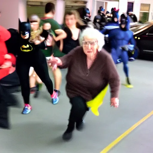 Image similar to high quality selfie photo of grandma being chased by batman