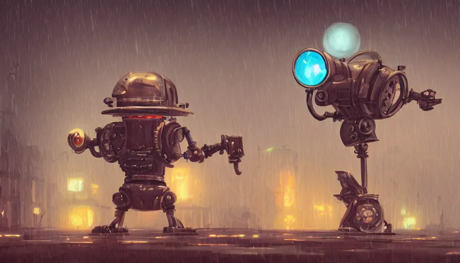 Image similar to steampunk robot, raining, sharp focus, james gilleard, cinematic, game art, extremely detailed digital painting