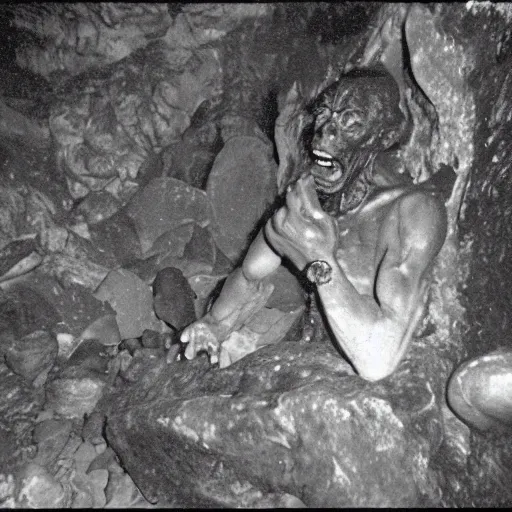 Image similar to photo inside a cavern of a wet reptilian humanoid miles davis partially hidden behind a rock, with black eyes, open mouth and big teeth