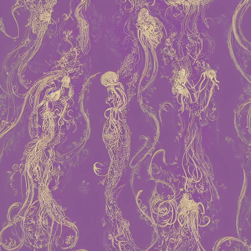 Prompt: purple dress design in the style of rococo ,Victorian era，jellyfish element,Goldenlace element,dreamy, soft ,Backlight ,luminescence,Aetherpunk,highly detailed,8k