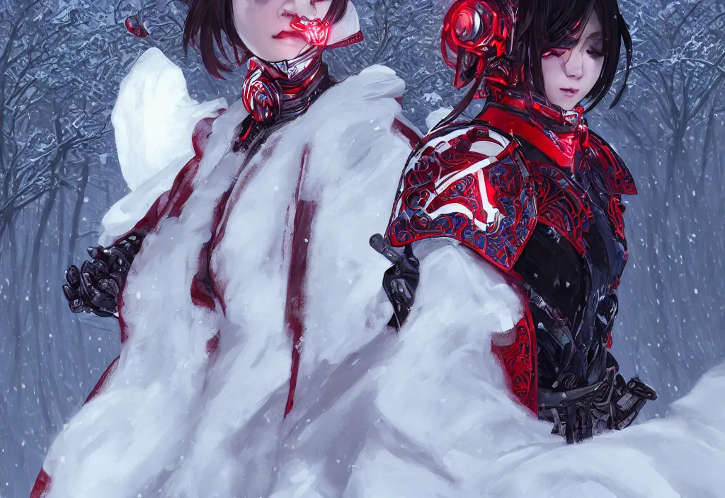 Image similar to portrait ninja gaiden girl, armored white and red reflective vests ninja wardrobe, at snowy fuji mountain fallen night, ssci - fi and fantasy, intricate and beautiful and detailed, digital painting, artstation, concept art, smooth and sharp focus, illustration, art by tian zi and wlop and alphonse mucha