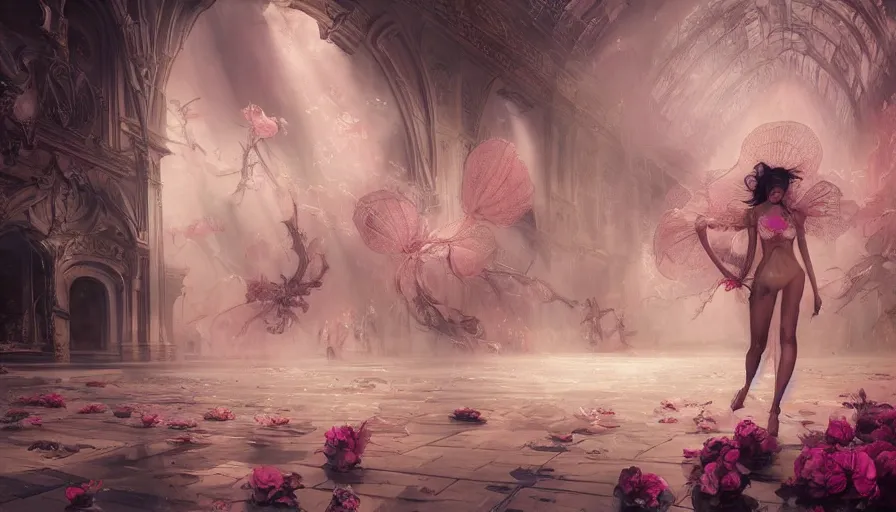 Image similar to victoria secret runway show, light, shadows, reflections, flowers, epic composition, intricate, elegant, volumetric lighting, digital painting, highly detailed, artstation, sharp focus, illustration, concept art, ruan jia, james jean, peter mohrbacher, steve mccurry, raymond swanland, peter andrew jones, greg rutkowski, concept art, iconic