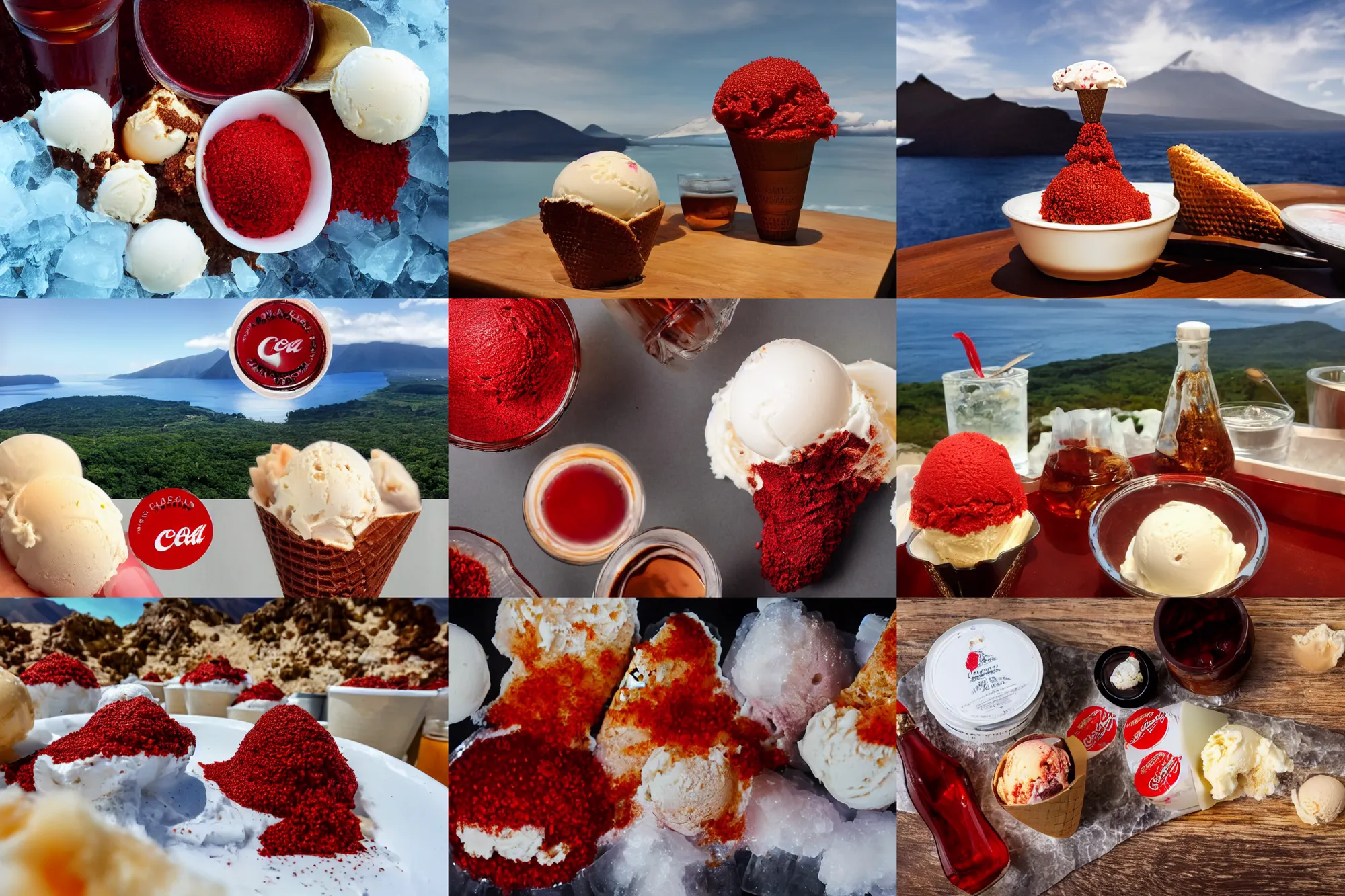 Prompt: a large island of red caviar and ice cream in the center of which there are mountains with ice cream ( five scoops ice cream cone original oil by suekill ), instead water coca cola ( cold brew coffee ), big island