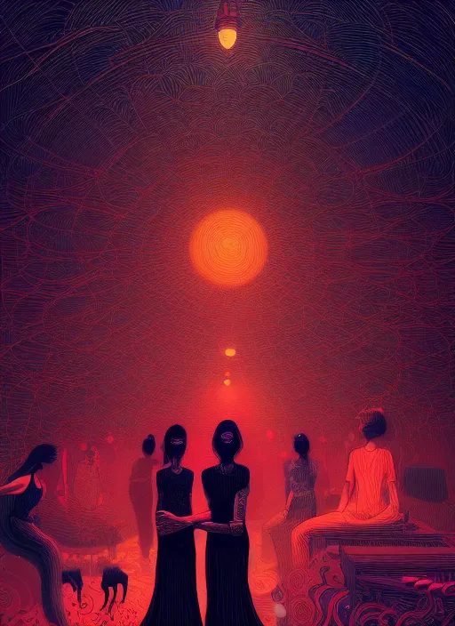 Prompt: sensual beautiful delhi girls wearing western little black dresses inside a busy nightclub, epic scene, by victo ngai, kilian eng vibrant colours, dynamic lighting, digital art, winning award masterpiece, fantastically beautiful, illustration, aesthetically inspired by beksinski and dan mumford, trending on artstation, art by greg rutkowski, 8 k